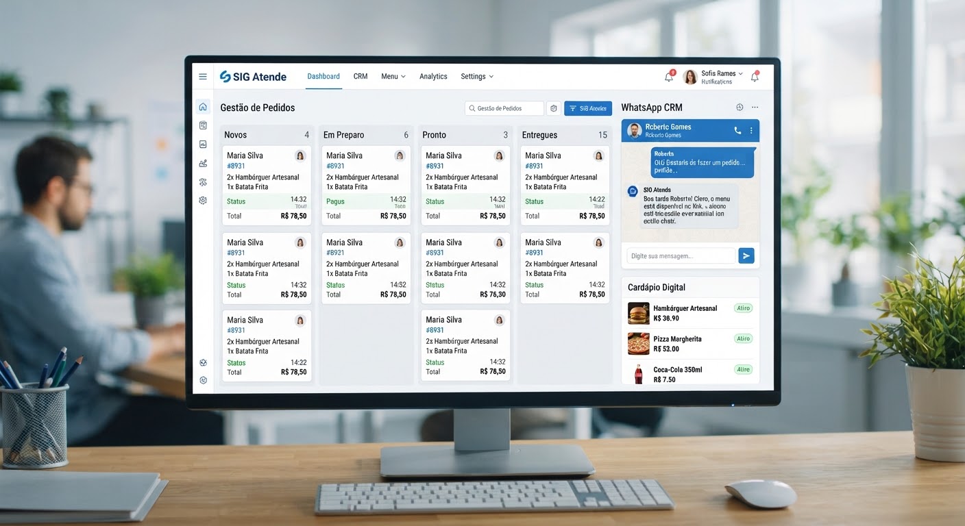 Painel CRM do SIG Atende com atendimento de WhatsApp e cardápio digital